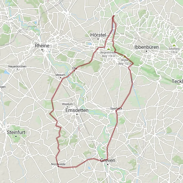Map miniature of "Gravel Adventure to Saerbeck and Greven" cycling inspiration in Münster, Germany. Generated by Tarmacs.app cycling route planner