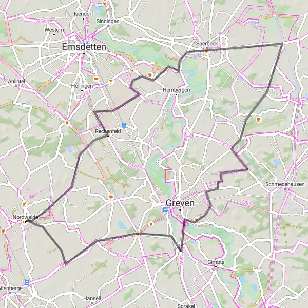 Map miniature of "Reckenfeld and Saerbeck Cycling Loop" cycling inspiration in Münster, Germany. Generated by Tarmacs.app cycling route planner