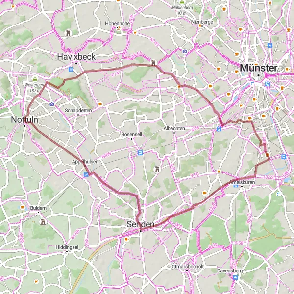 Map miniature of "The Gravel Explorer" cycling inspiration in Münster, Germany. Generated by Tarmacs.app cycling route planner