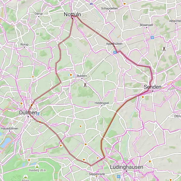 Map miniature of "Scenic Gravel Tour from Nottuln" cycling inspiration in Münster, Germany. Generated by Tarmacs.app cycling route planner