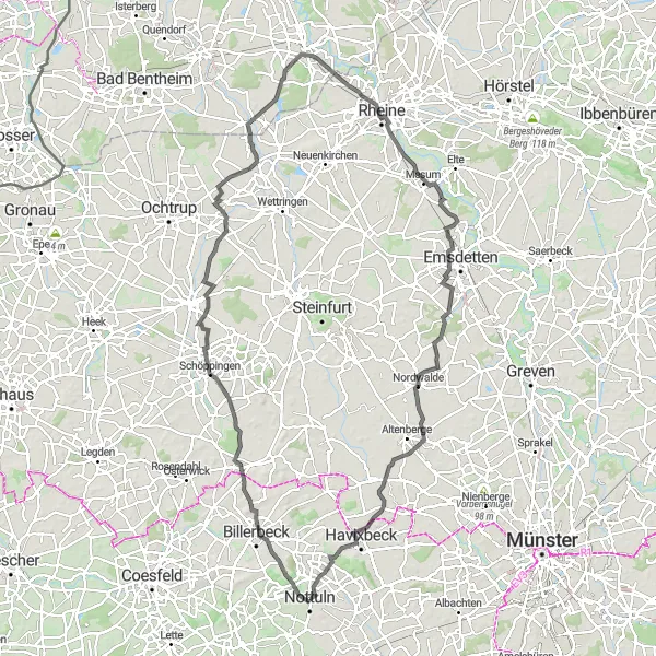 Map miniature of "The Southern Hills Route" cycling inspiration in Münster, Germany. Generated by Tarmacs.app cycling route planner