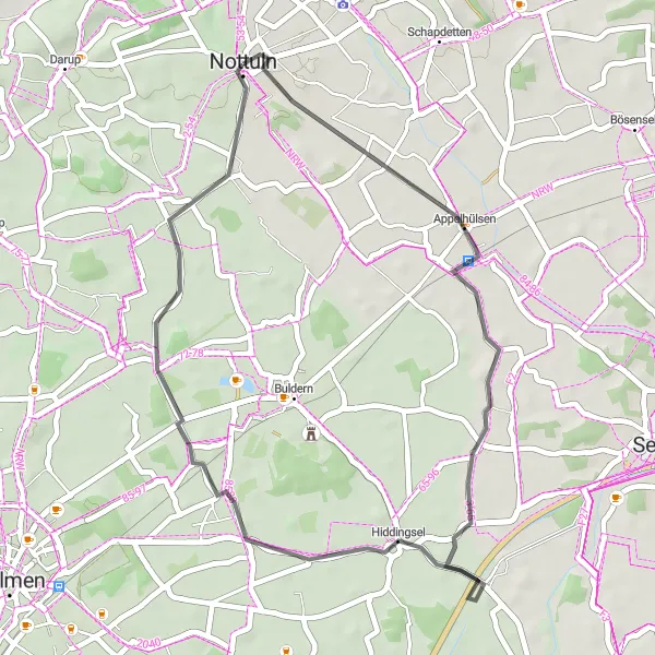 Map miniature of "Scenic Road Ride around Nottuln" cycling inspiration in Münster, Germany. Generated by Tarmacs.app cycling route planner