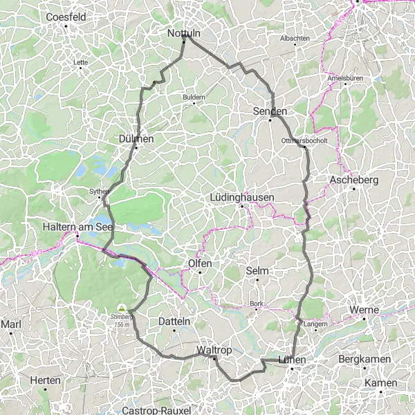 Map miniature of "The Hilly Challenge" cycling inspiration in Münster, Germany. Generated by Tarmacs.app cycling route planner