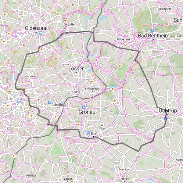 Map miniature of "Hidden Gems: Ochtrup to De Lutte Cycling Route" cycling inspiration in Münster, Germany. Generated by Tarmacs.app cycling route planner