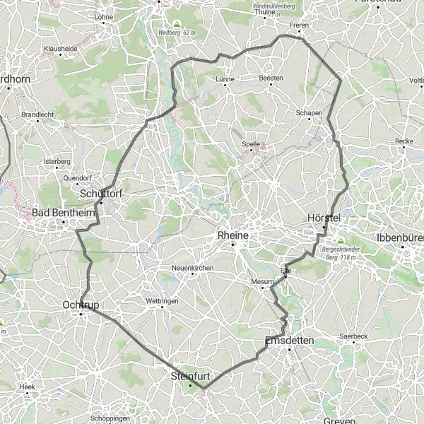 Map miniature of "Explore the Hilly Region of Schüttorf" cycling inspiration in Münster, Germany. Generated by Tarmacs.app cycling route planner