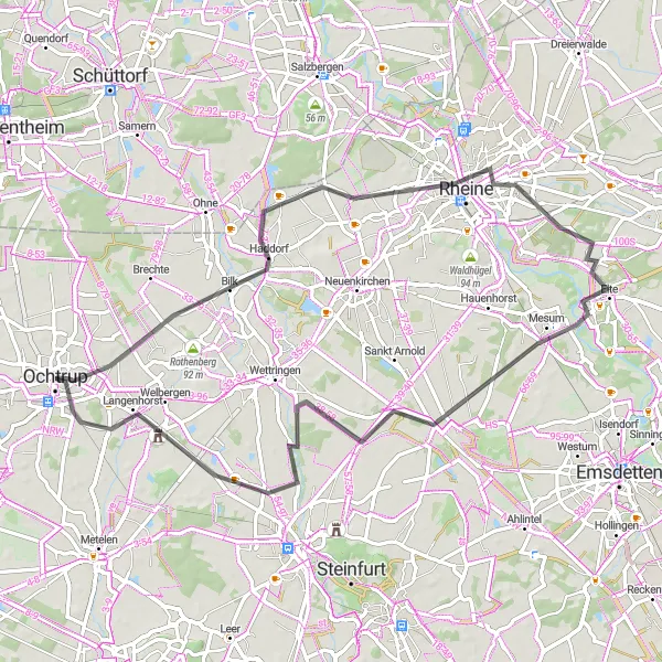 Map miniature of "Along the Ems River" cycling inspiration in Münster, Germany. Generated by Tarmacs.app cycling route planner
