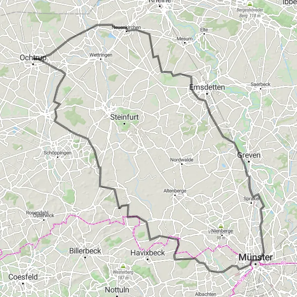 Map miniature of "Exploring the Münsterland: Ochtrup to Münster Cycling Route" cycling inspiration in Münster, Germany. Generated by Tarmacs.app cycling route planner