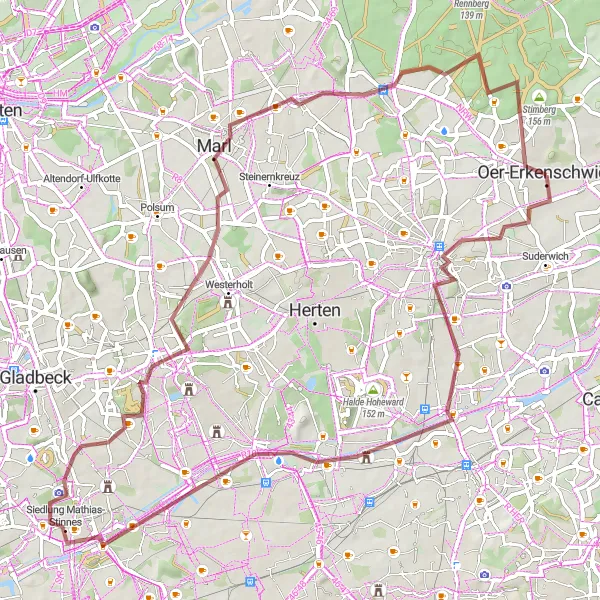 Karten-Miniaturansicht der Radinspiration "Gravel Radtour nach Recklinghausen und Marl" in Münster, Germany. Erstellt vom Tarmacs.app-Routenplaner für Radtouren