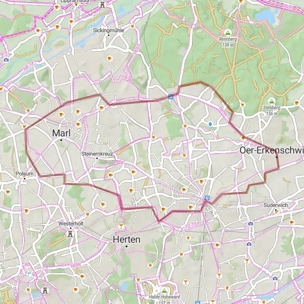 Karten-Miniaturansicht der Radinspiration "Gravel-Abenteuer rund um Halde Brassert" in Münster, Germany. Erstellt vom Tarmacs.app-Routenplaner für Radtouren