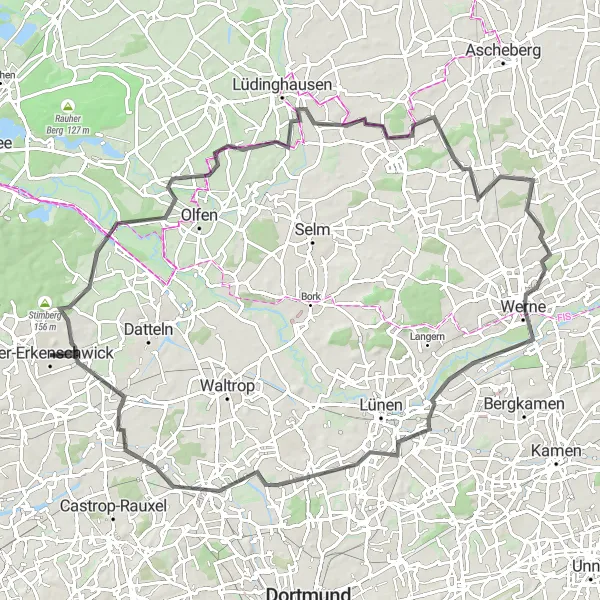 Map miniature of "Roads Less Traveled" cycling inspiration in Münster, Germany. Generated by Tarmacs.app cycling route planner