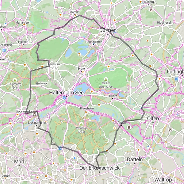 Map miniature of "Hills and Landscapes Road Cycling Tour" cycling inspiration in Münster, Germany. Generated by Tarmacs.app cycling route planner