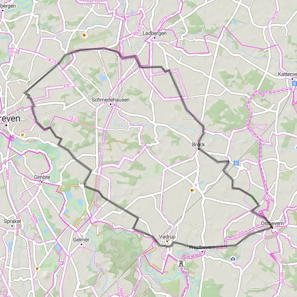 Map miniature of "Ostbevern Loop" cycling inspiration in Münster, Germany. Generated by Tarmacs.app cycling route planner