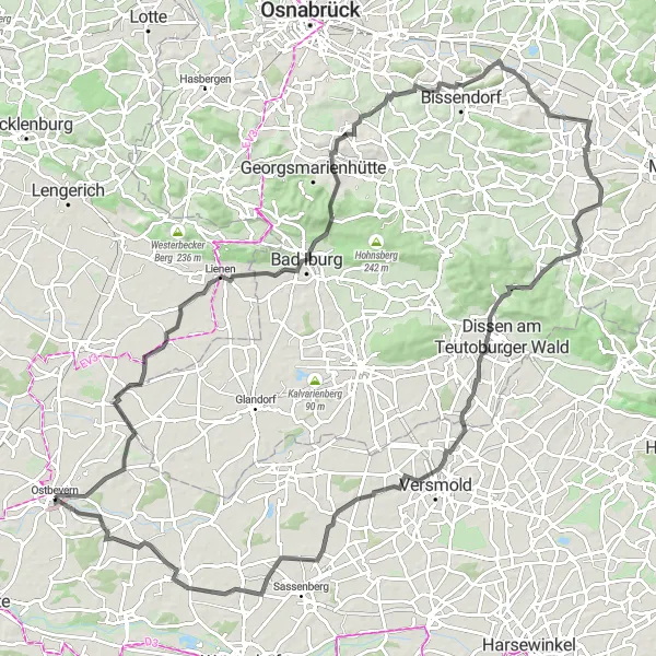 Karten-Miniaturansicht der Radinspiration "Rund um Münster und das Osnabrücker Land" in Münster, Germany. Erstellt vom Tarmacs.app-Routenplaner für Radtouren