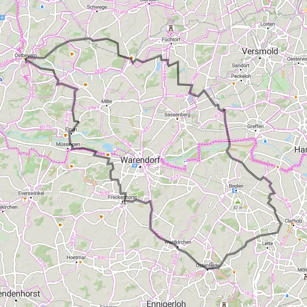 Map miniature of "The Ostbevern Circuit" cycling inspiration in Münster, Germany. Generated by Tarmacs.app cycling route planner