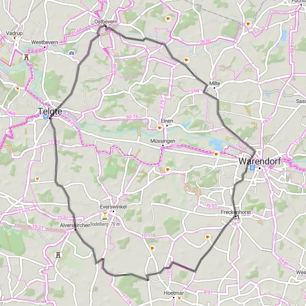 Map miniature of "Warendorf Excursion" cycling inspiration in Münster, Germany. Generated by Tarmacs.app cycling route planner