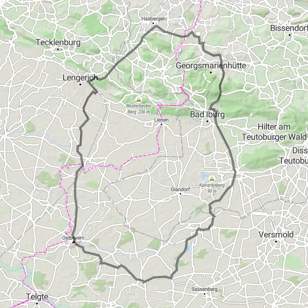 Map miniature of "Hills and Valleys" cycling inspiration in Münster, Germany. Generated by Tarmacs.app cycling route planner