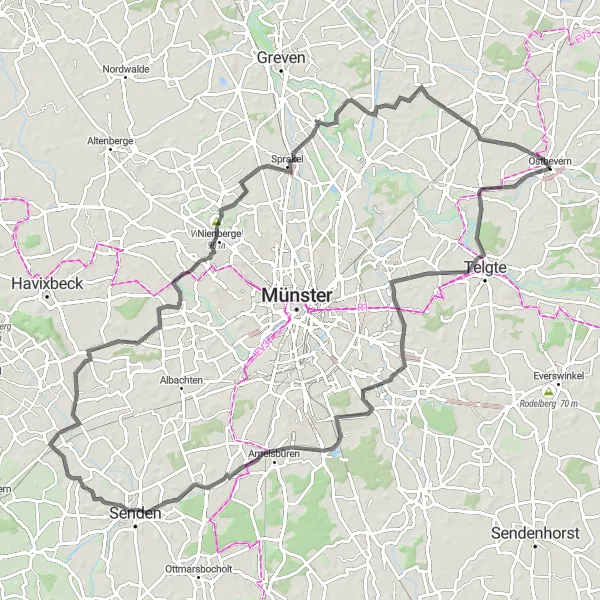 Karten-Miniaturansicht der Radinspiration "Rund um Münster: Von Ostbevern nach Gimbte" in Münster, Germany. Erstellt vom Tarmacs.app-Routenplaner für Radtouren