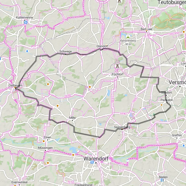 Map miniature of "Exploring Glandorf" cycling inspiration in Münster, Germany. Generated by Tarmacs.app cycling route planner