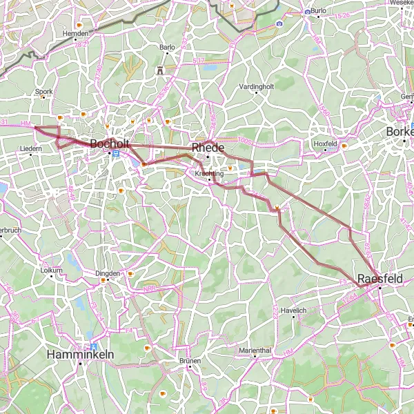 Karten-Miniaturansicht der Radinspiration "Geheimnisvolle Radtour nach Bocholt" in Münster, Germany. Erstellt vom Tarmacs.app-Routenplaner für Radtouren
