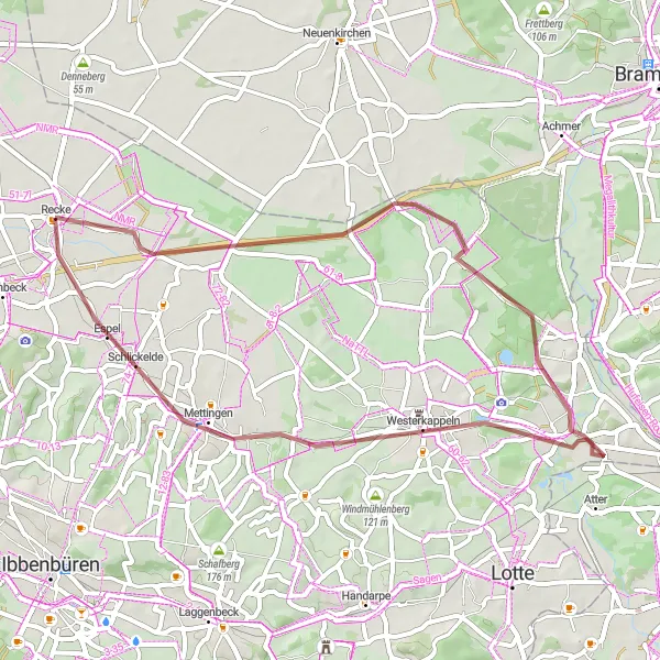 Map miniature of "Recke to Mettingen Gravel Route" cycling inspiration in Münster, Germany. Generated by Tarmacs.app cycling route planner