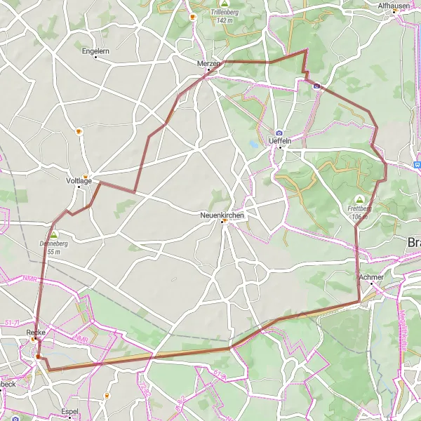Map miniature of "Denneberg to Recke Gravel Route" cycling inspiration in Münster, Germany. Generated by Tarmacs.app cycling route planner