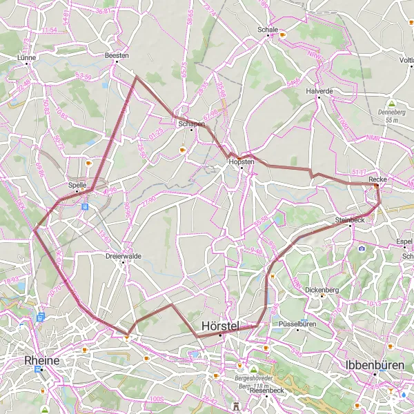 Map miniature of "Hörstel to Hopsten Gravel Route" cycling inspiration in Münster, Germany. Generated by Tarmacs.app cycling route planner