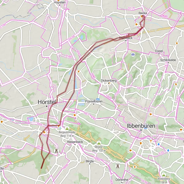 Map miniature of "Huckberg to Steinbeck Gravel Route" cycling inspiration in Münster, Germany. Generated by Tarmacs.app cycling route planner