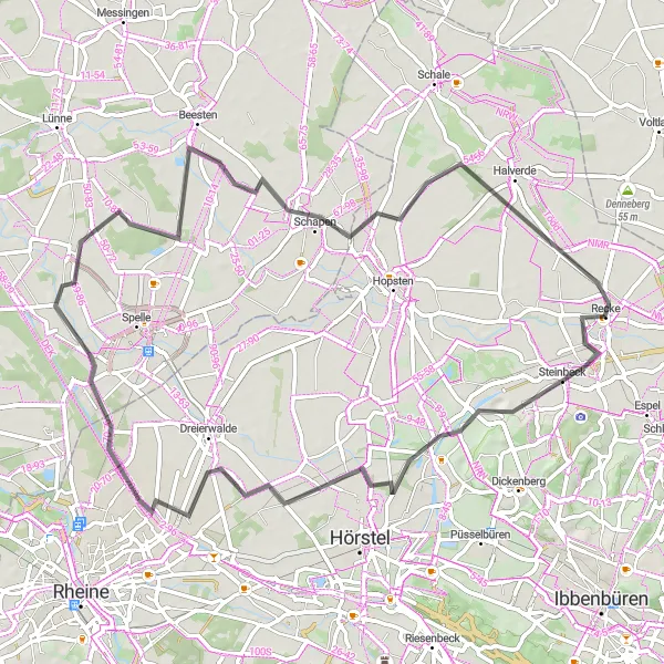 Map miniature of "Recke Adventure" cycling inspiration in Münster, Germany. Generated by Tarmacs.app cycling route planner