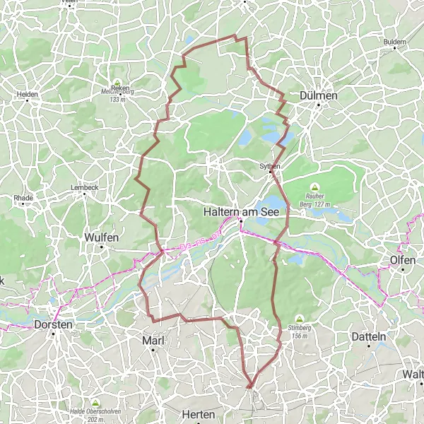 Map miniature of "Gravel Escapade" cycling inspiration in Münster, Germany. Generated by Tarmacs.app cycling route planner