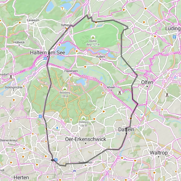 Karten-Miniaturansicht der Radinspiration "Kibitzberg und Meckinghoven Strecke" in Münster, Germany. Erstellt vom Tarmacs.app-Routenplaner für Radtouren