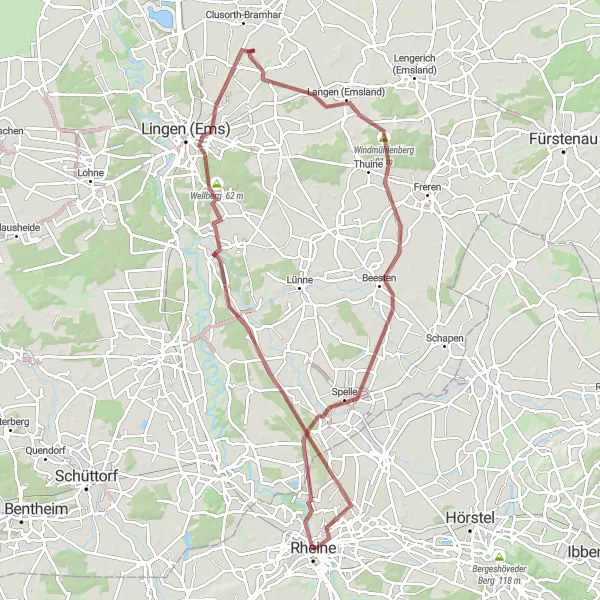 Map miniature of "Emsland Gravel Adventure" cycling inspiration in Münster, Germany. Generated by Tarmacs.app cycling route planner