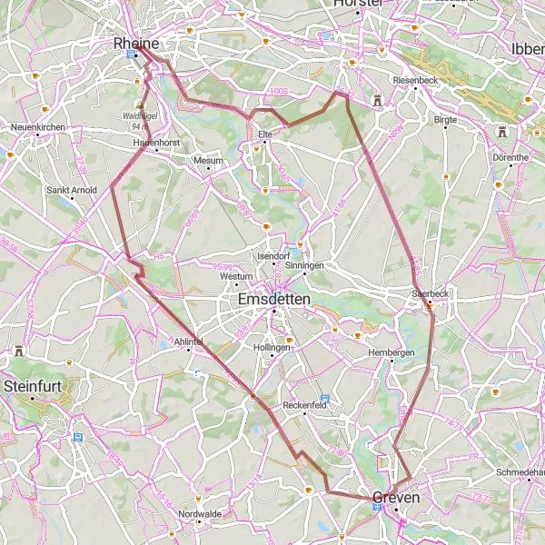 Map miniature of "Rheine to Falkenhof-Museum" cycling inspiration in Münster, Germany. Generated by Tarmacs.app cycling route planner