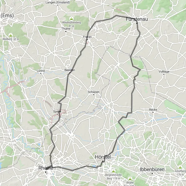 Map miniature of "Emswehr to Rheine" cycling inspiration in Münster, Germany. Generated by Tarmacs.app cycling route planner