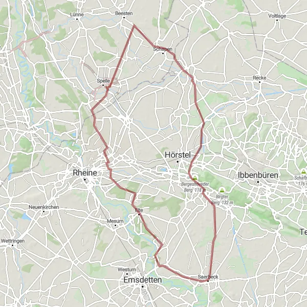 Map miniature of "Off-Road Adventure across Saerbeck" cycling inspiration in Münster, Germany. Generated by Tarmacs.app cycling route planner