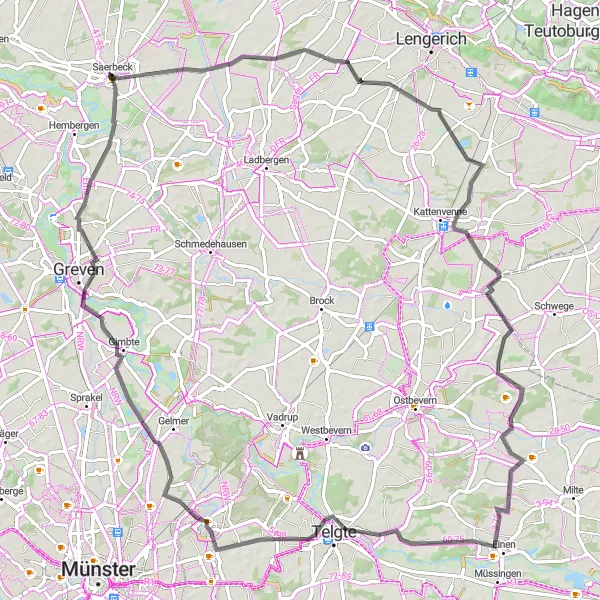 Map miniature of "Saerbeck to Greven Road Loop" cycling inspiration in Münster, Germany. Generated by Tarmacs.app cycling route planner