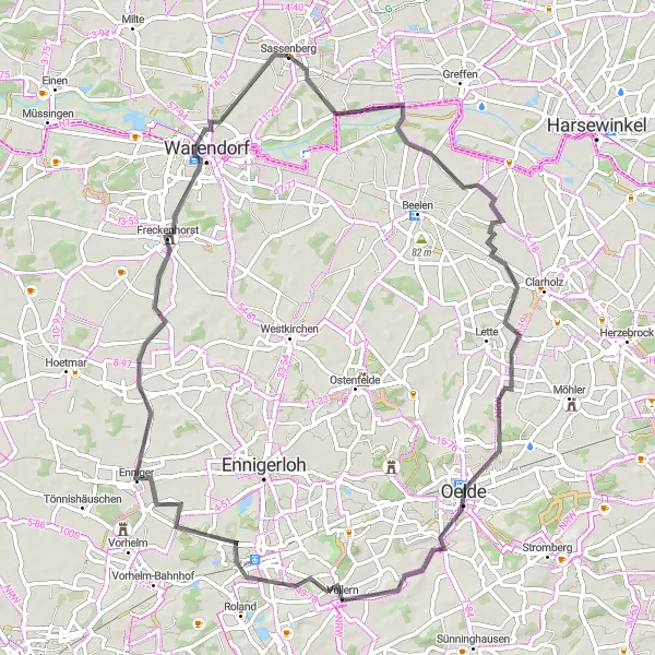 Karten-Miniaturansicht der Radinspiration "Radtour entlang von Oelde, Neubeckum und Freckenhorst" in Münster, Germany. Erstellt vom Tarmacs.app-Routenplaner für Radtouren