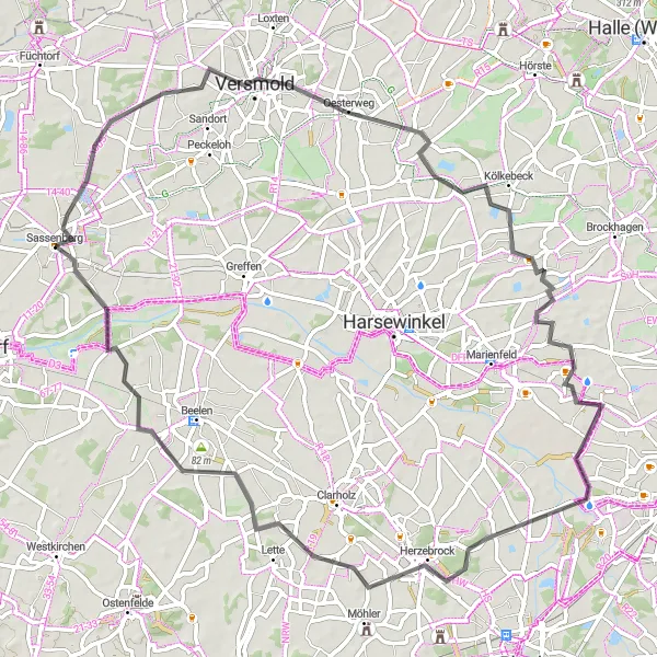 Map miniature of "Versmold - Herzebrock Loop" cycling inspiration in Münster, Germany. Generated by Tarmacs.app cycling route planner