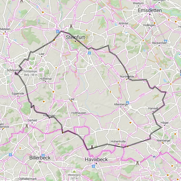 Map miniature of "Exploring Nordwalde and Hohenholte" cycling inspiration in Münster, Germany. Generated by Tarmacs.app cycling route planner