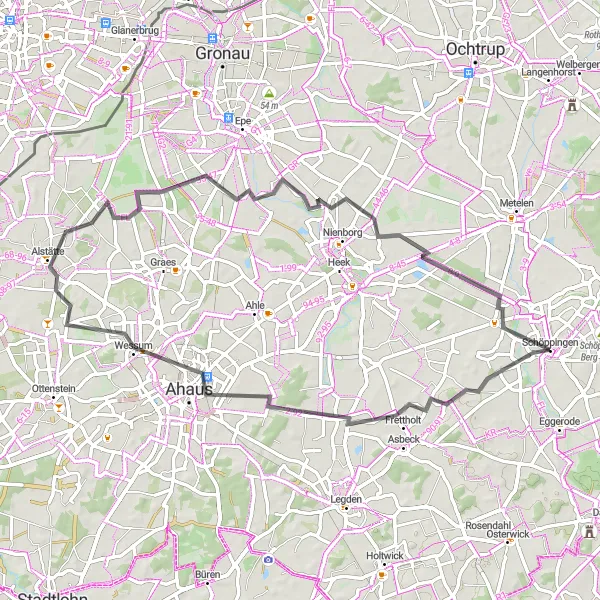 Karten-Miniaturansicht der Radinspiration "Rund um Schöppingen - Alstätte, Wext und mehr" in Münster, Germany. Erstellt vom Tarmacs.app-Routenplaner für Radtouren