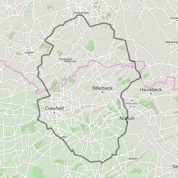 Karten-Miniaturansicht der Radinspiration "83km Rundfahrt durch malerische Landschaft" in Münster, Germany. Erstellt vom Tarmacs.app-Routenplaner für Radtouren