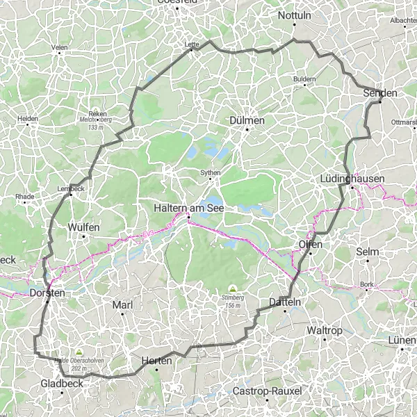 Karten-Miniaturansicht der Radinspiration "Die landschaftliche Vielfalt rund um Senden entdecken" in Münster, Germany. Erstellt vom Tarmacs.app-Routenplaner für Radtouren
