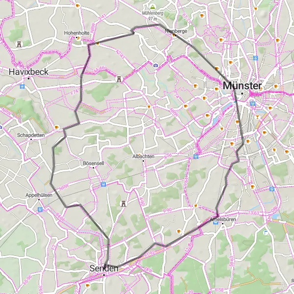 Karten-Miniaturansicht der Radinspiration "Naturschönheiten und Kulturschätze Tour" in Münster, Germany. Erstellt vom Tarmacs.app-Routenplaner für Radtouren