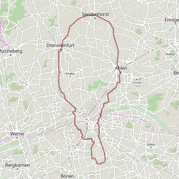 Map miniature of "Ahlen Gravel Route" cycling inspiration in Münster, Germany. Generated by Tarmacs.app cycling route planner