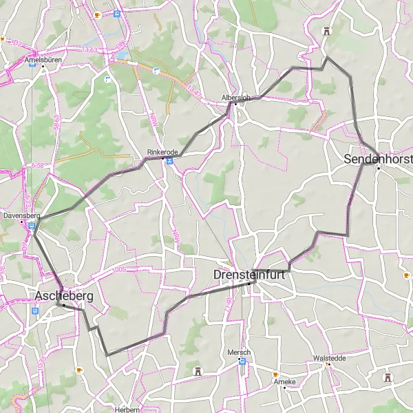 Map miniature of "Drensteinfurt Road Delight" cycling inspiration in Münster, Germany. Generated by Tarmacs.app cycling route planner