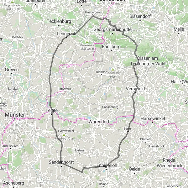Map miniature of "Telgte Teutoburg Loop" cycling inspiration in Münster, Germany. Generated by Tarmacs.app cycling route planner