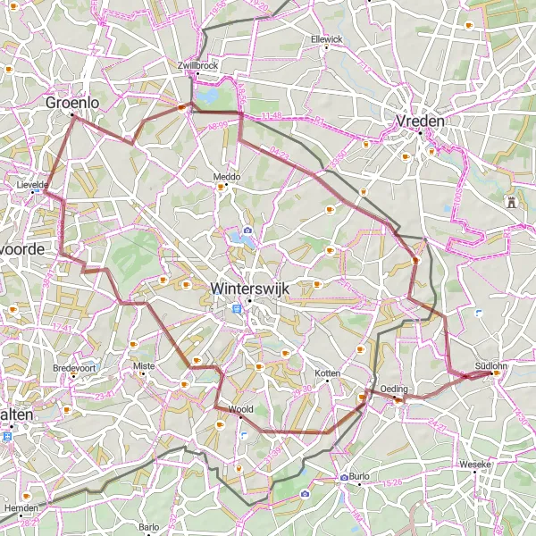 Karten-Miniaturansicht der Radinspiration "Die Woold-Lievelde Rundtour mit 57 km" in Münster, Germany. Erstellt vom Tarmacs.app-Routenplaner für Radtouren