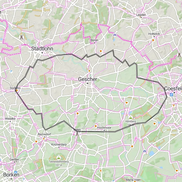 Map miniature of "Exploring the Countryside from Südlohn to Ramsdorf" cycling inspiration in Münster, Germany. Generated by Tarmacs.app cycling route planner