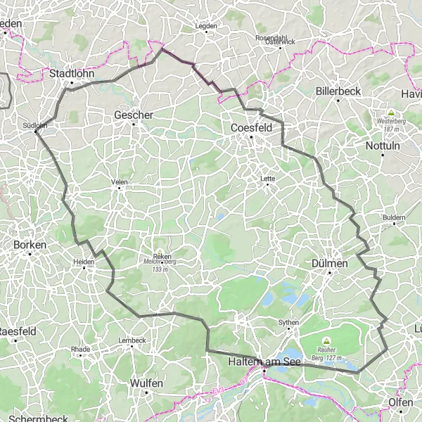 Map miniature of "Roads Less Traveled" cycling inspiration in Münster, Germany. Generated by Tarmacs.app cycling route planner