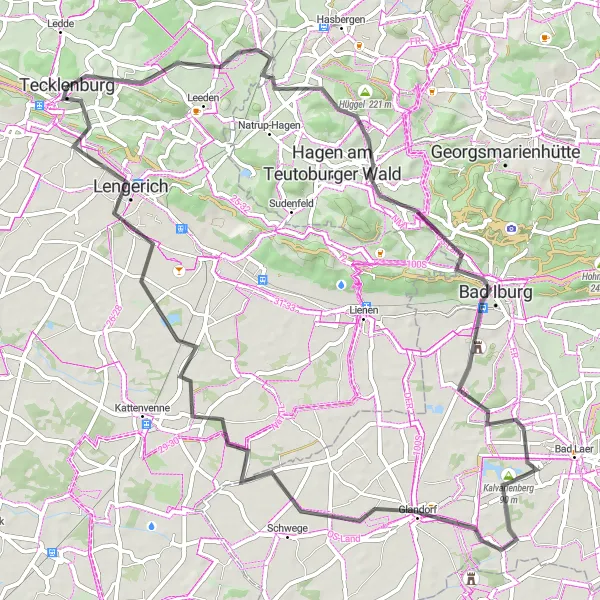 Map miniature of "Tecklenburg Road Challenge: Summit Expeditions" cycling inspiration in Münster, Germany. Generated by Tarmacs.app cycling route planner