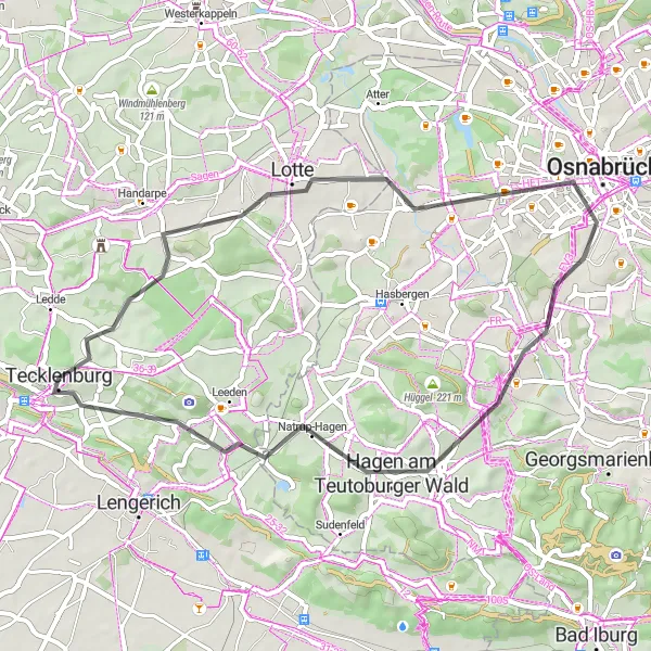Map miniature of "Road Cycling Challenge: Tecklenburg Circuit" cycling inspiration in Münster, Germany. Generated by Tarmacs.app cycling route planner